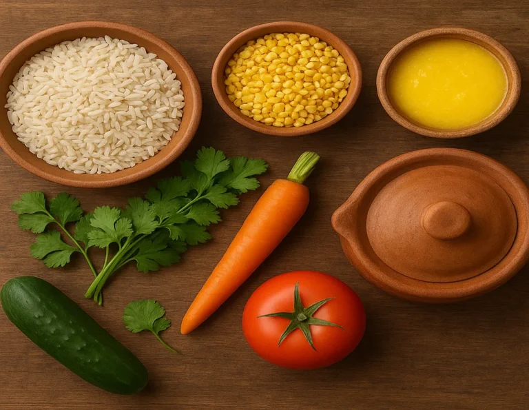 Traditional setup with fresh vegetables, grains, and clay pot on wooden counter based on sattvic cooking principles.