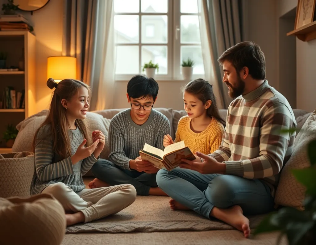  A sattvic family practicing conscious parenting through storytelling, yoga, and shared learning

