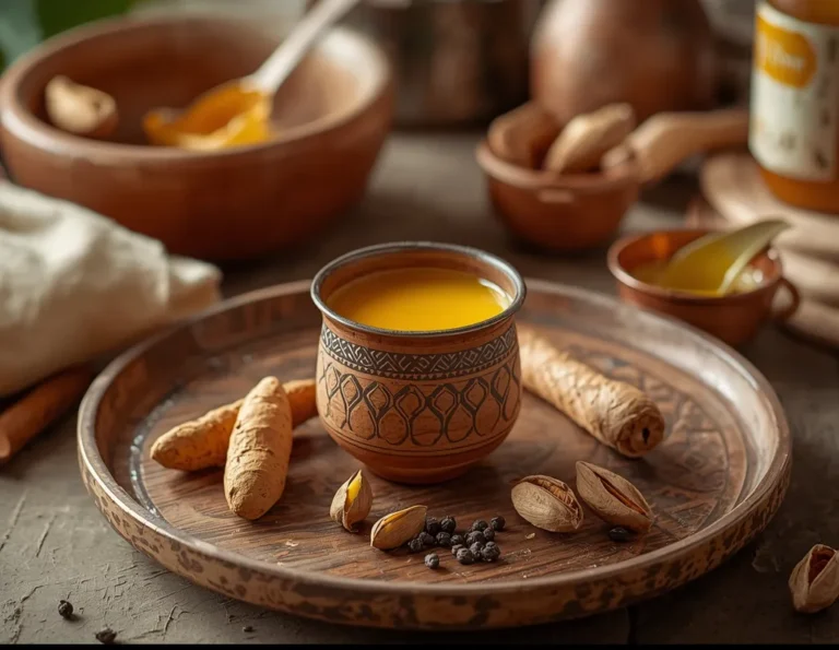 A cup of golden milk (haldi doodh) in a clay mug with turmeric roots and spices