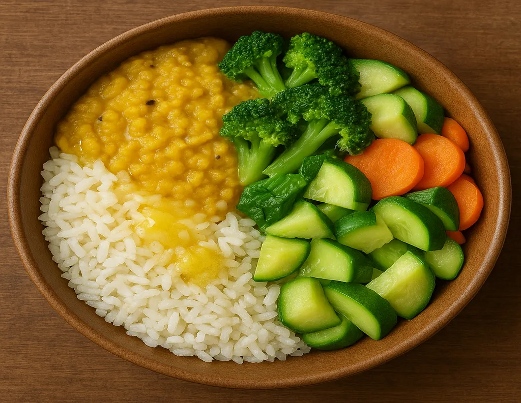 Sattvic healing bowl with rice, moong dal, steamed vegetables, and ghee drizzle