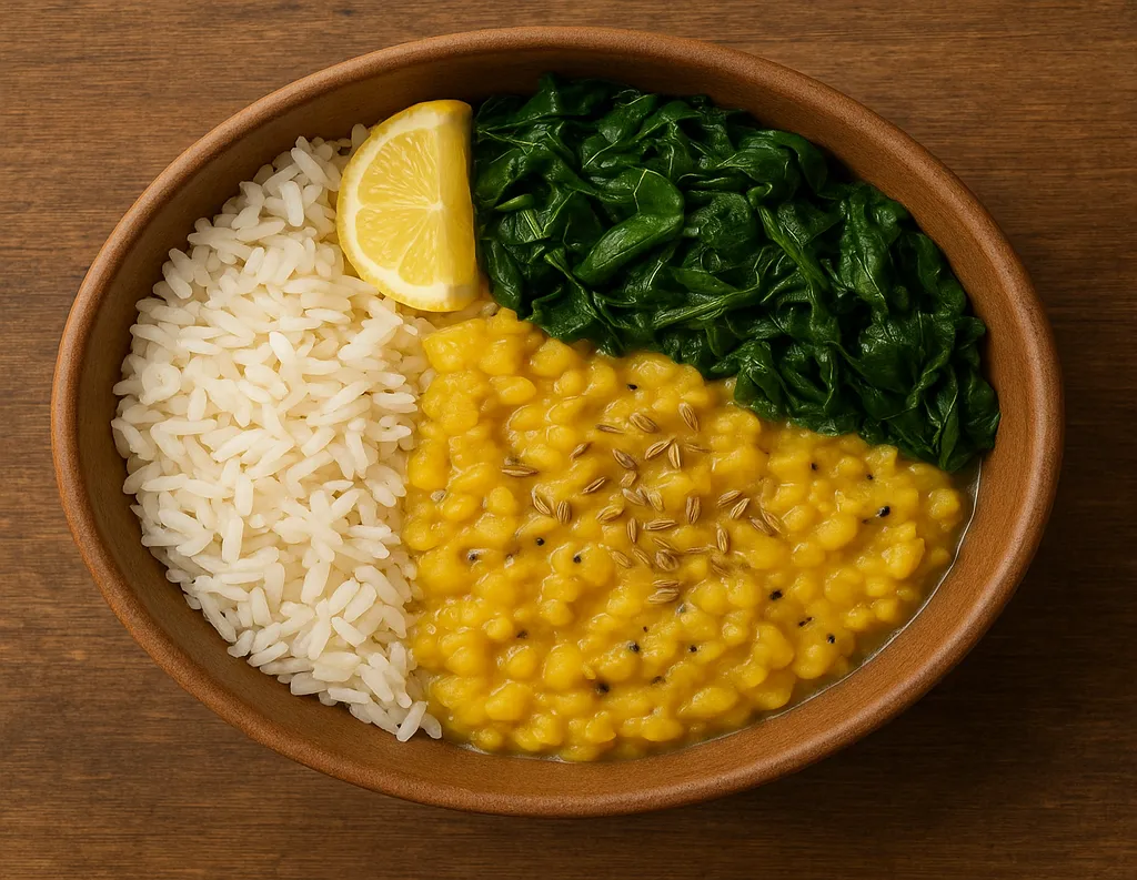 Transitional sattvic healing bowl with rice, moong dal, and leafy greens