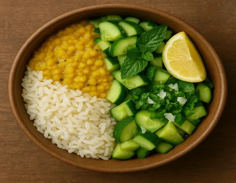 Cooling sattvic healing bowl with rice, zucchini, cucumber, and coconut garnish