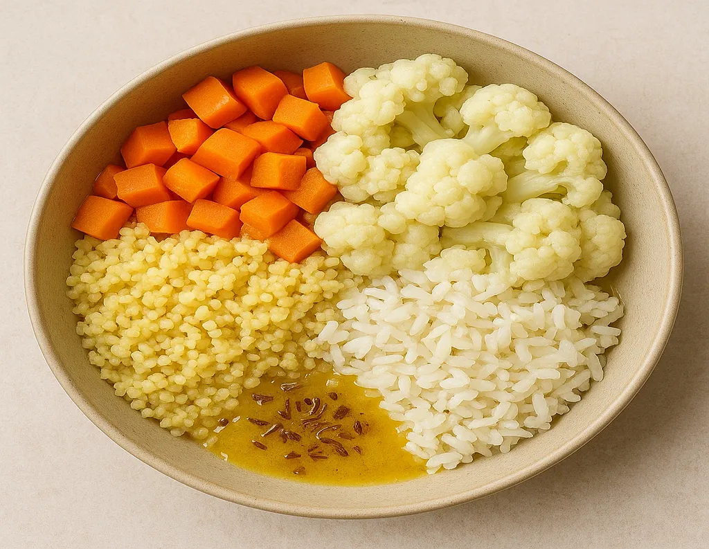 Warming sattvic healing bowl with millet, carrots, cauliflower, and cumin-tempered ghee