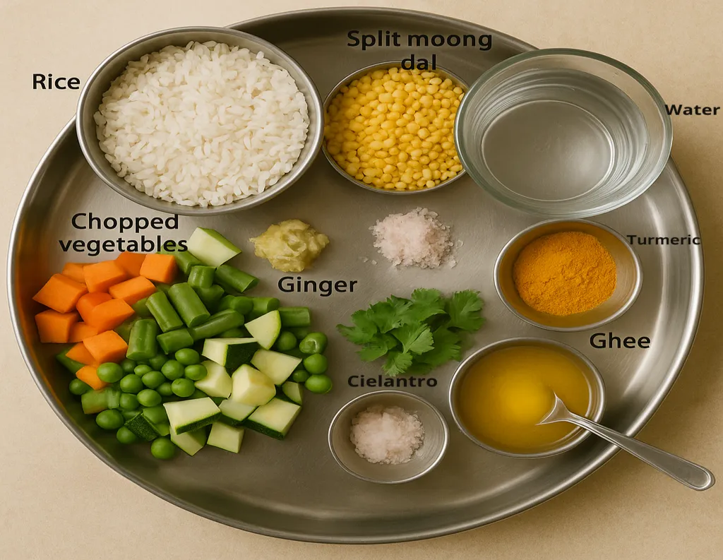 Basmati rice, yellow moong dal, vegetables, spices, and ghee for sattvic khichdi