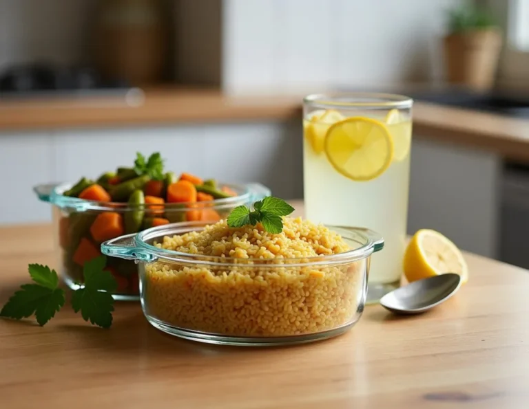 Weekly sattvic meal prep in glass and stainless steel containers