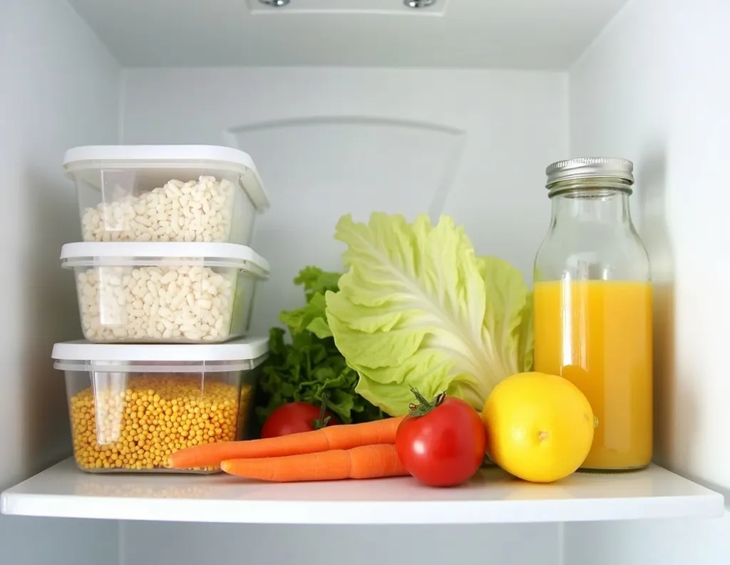 glass and steel containers for sattvic weekly meal prep in fridge
