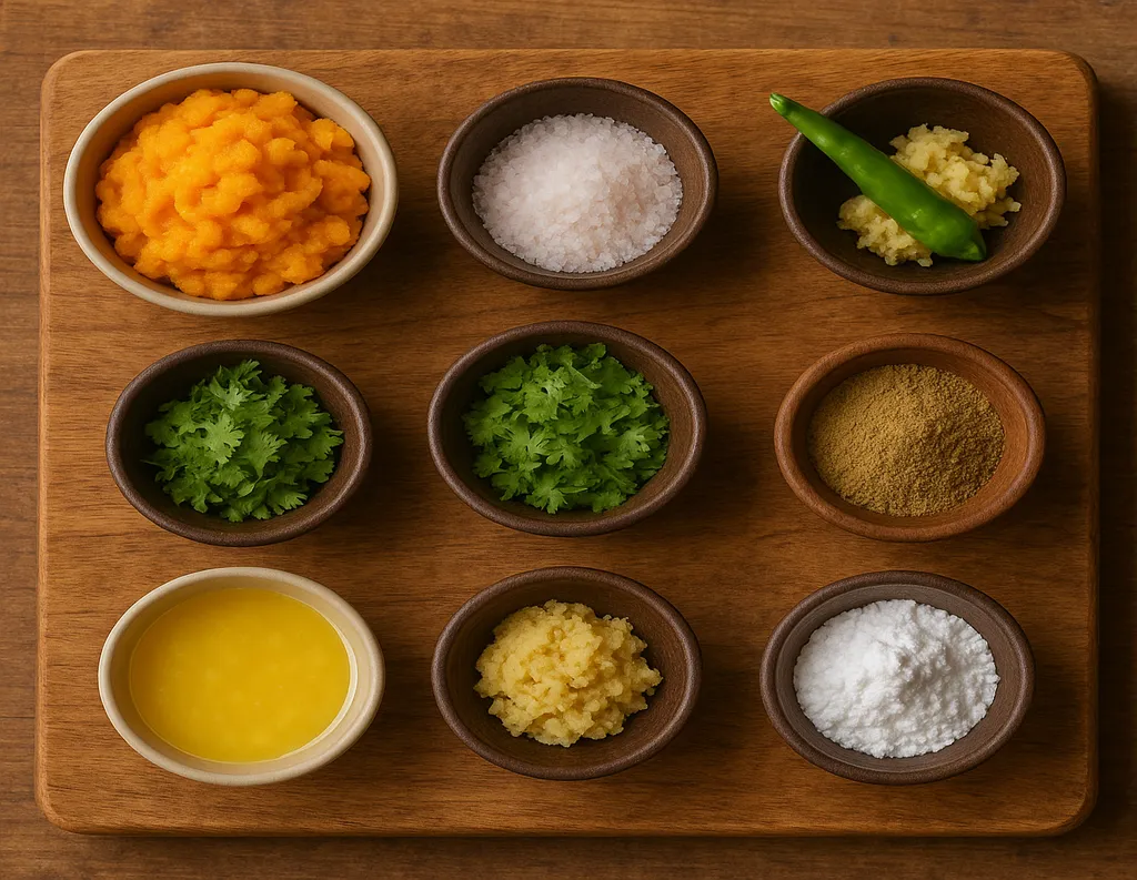 Raw ingredients for sattvic sweet potato tikki recipe including mashed sweet potato, sendha namak, green chili