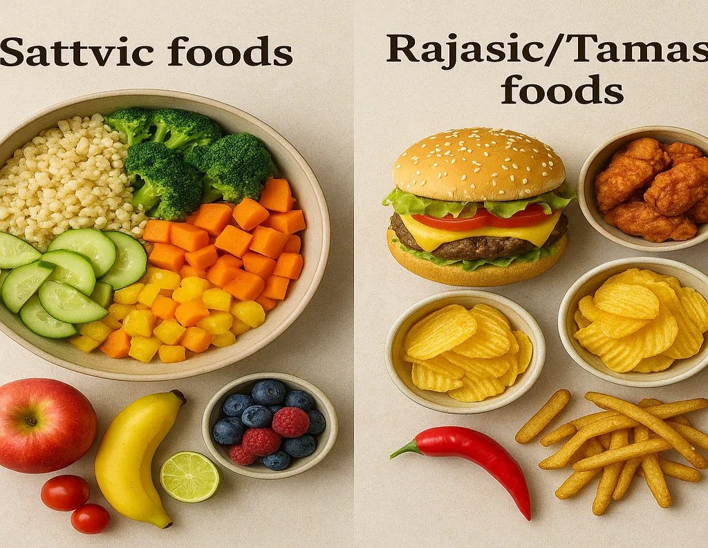 Comparison of sattvic foods like rice, dal, vegetables vs rajasic/tamasic foods like chili, fried snacks,meat etc