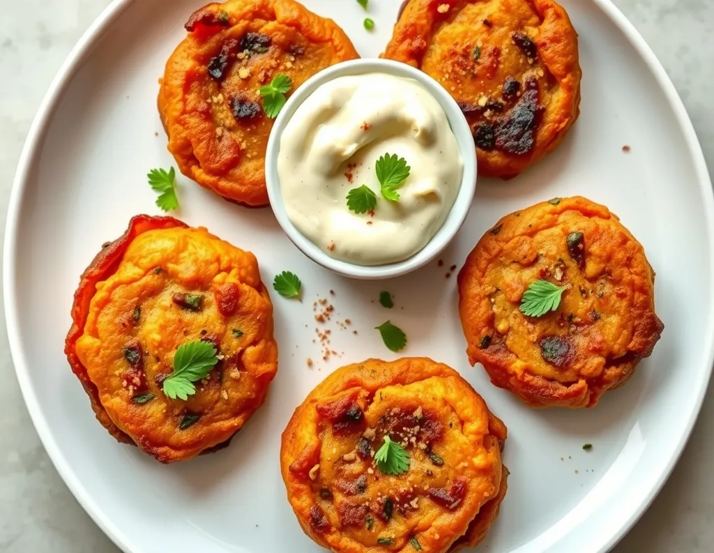 Golden sweet potato tikkis served	