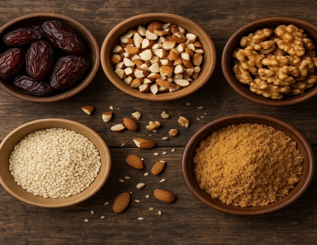 Ingredients for sattvic energy balls: dates, sesame, jaggery, almonds, walnuts