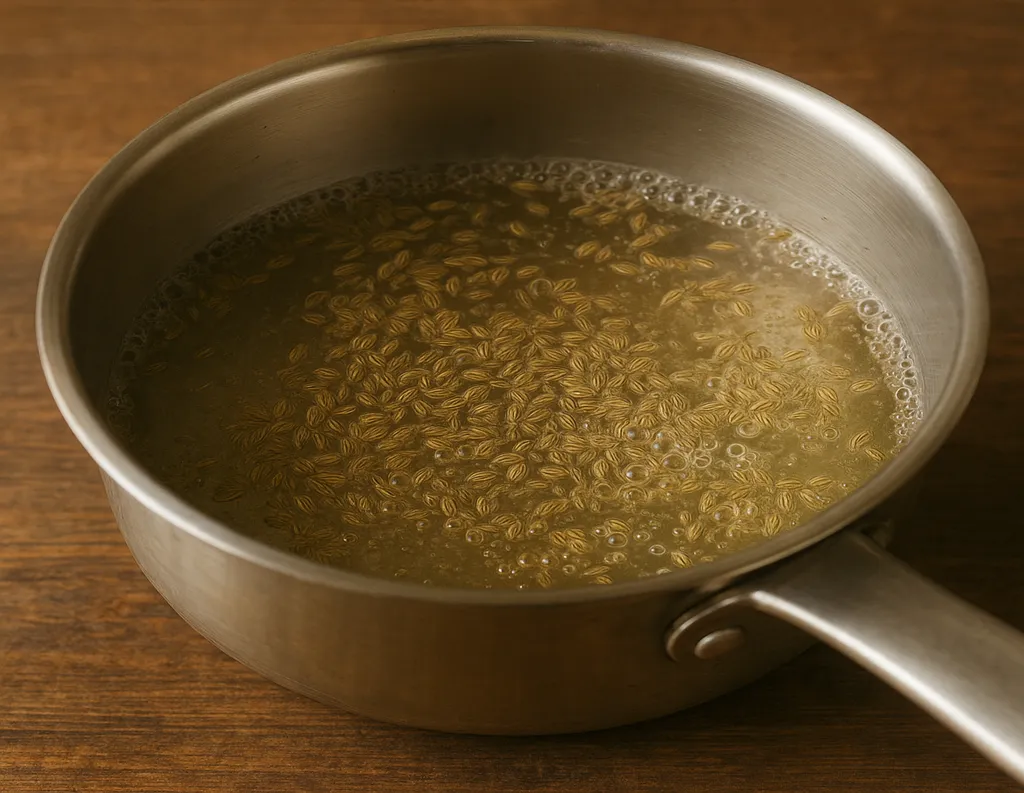 Ajwain seeds simmering in water in a steel saucepan.