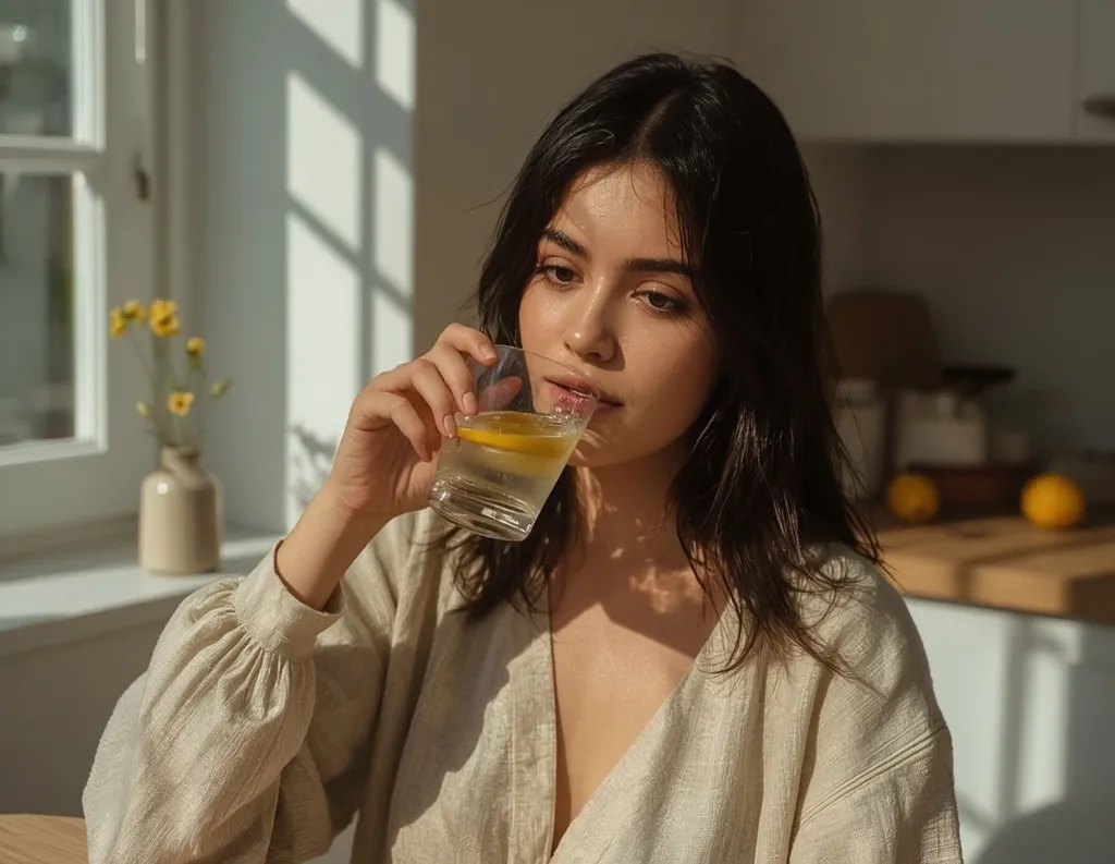 A person gently sipping lemon ginger water in the morning	