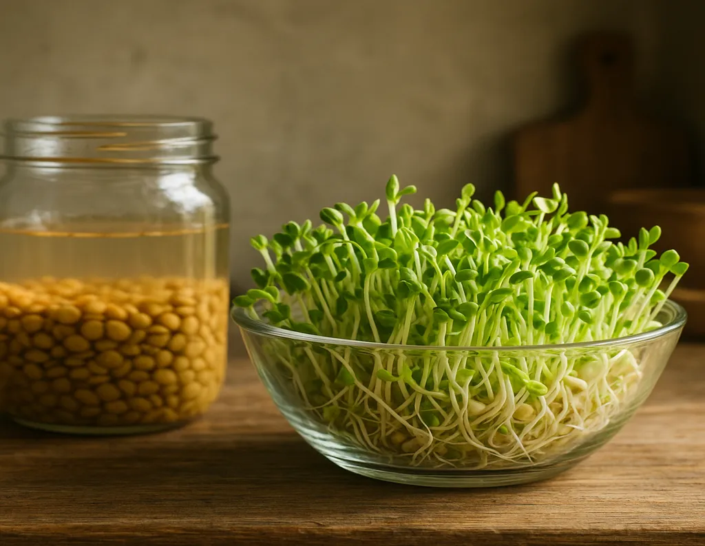 A glass bowl of sprouted green lentils with a jar of soaked lentils beside it
