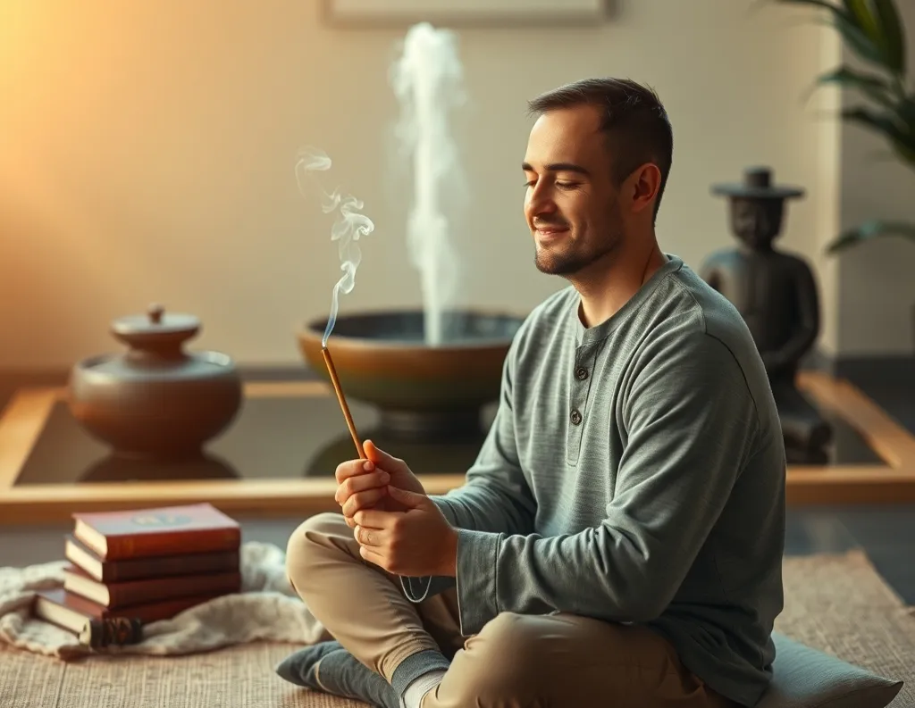 Man lighting incense before morning meditation and journaling