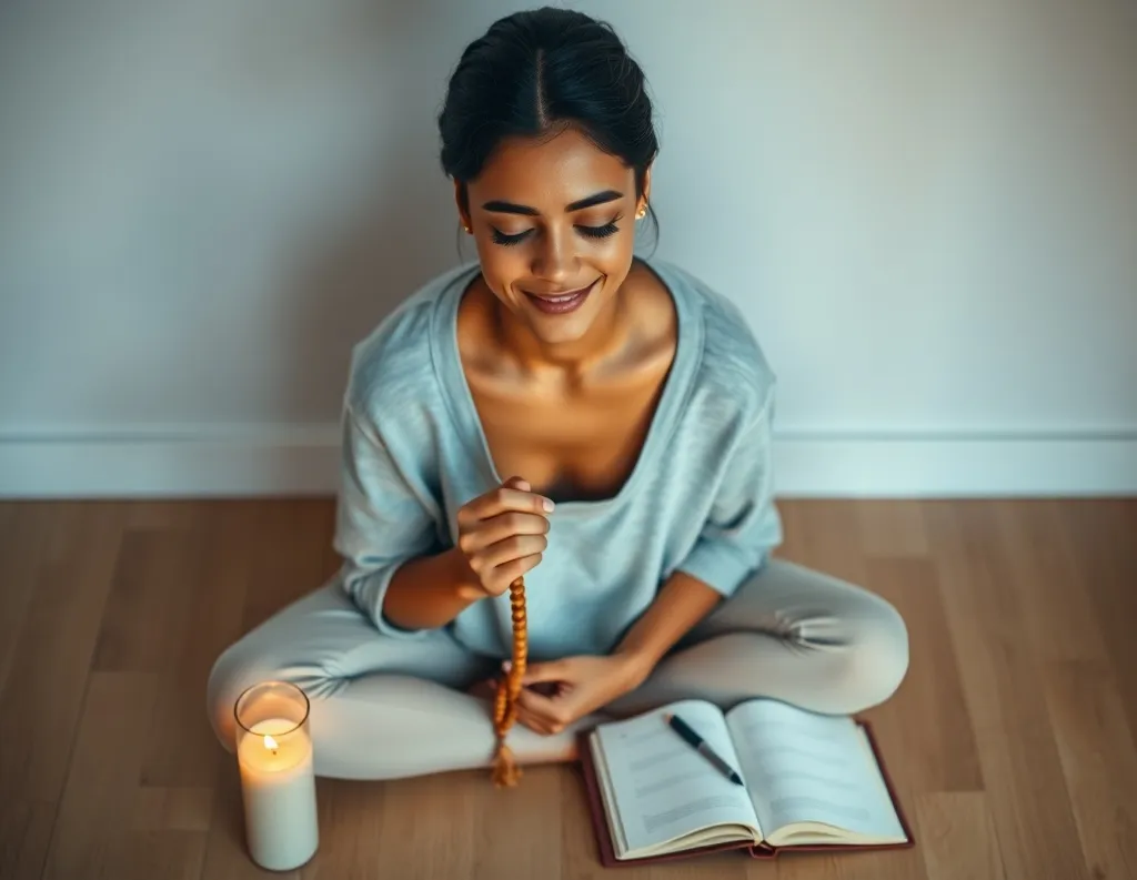 Meditation practice embodying spiritual minimalism with candle and journal