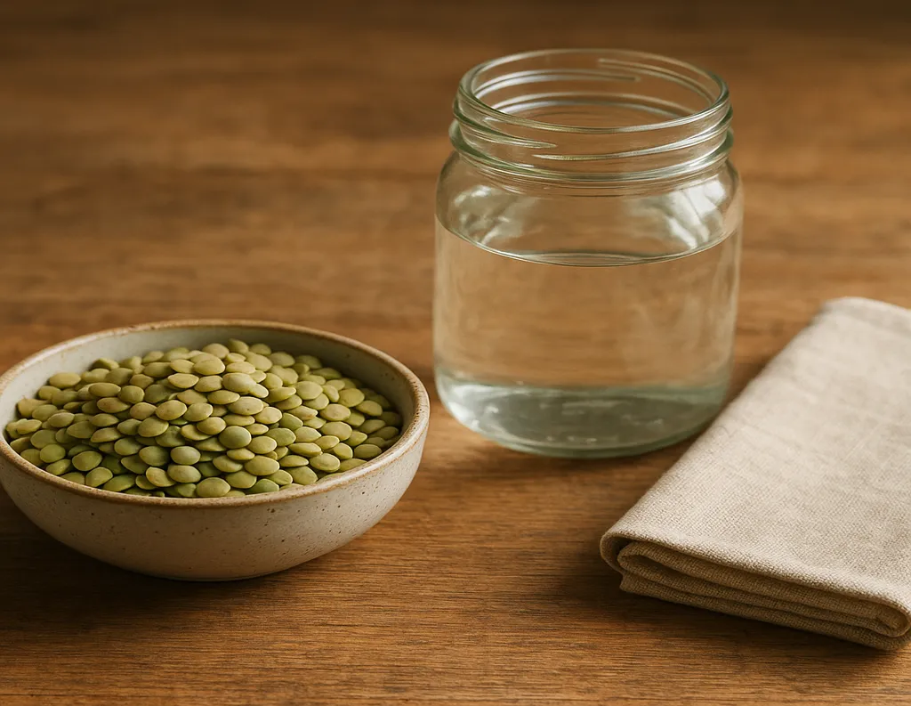 how to sprout lentils with ingredients - Dry lentils, water, and sprouting jar with muslin cloth