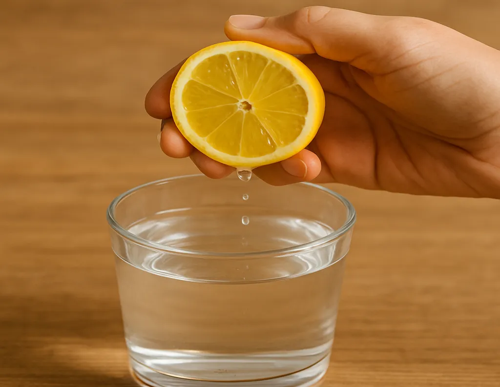 A hand squeezing lemon juice into a glass of warm water