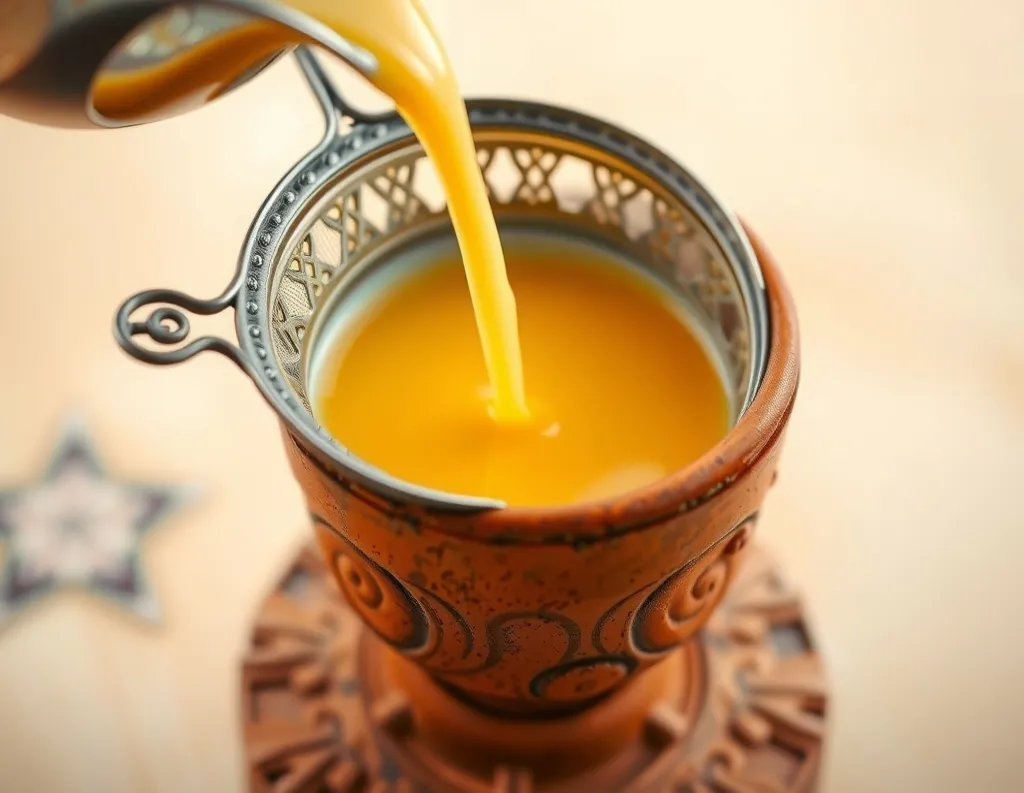 Strained golden milk in a clay cup