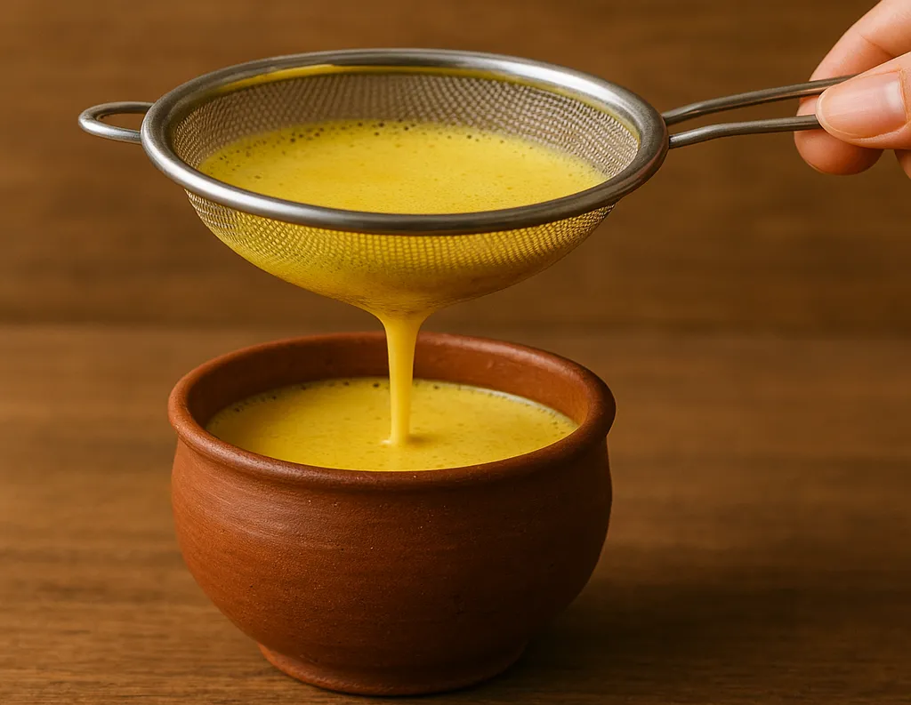 Straining golden milk into mug