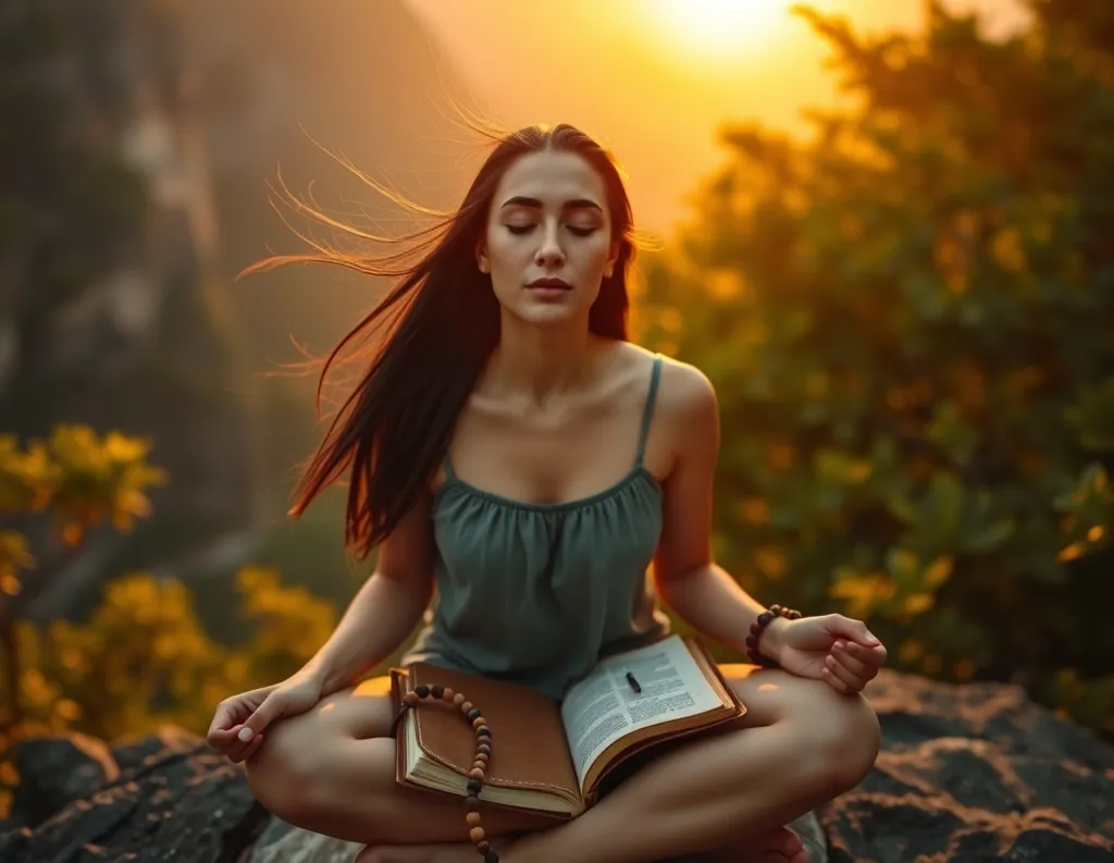 Woman meditating at sunrise with journal and mala, practicing spiritual self-discipline
