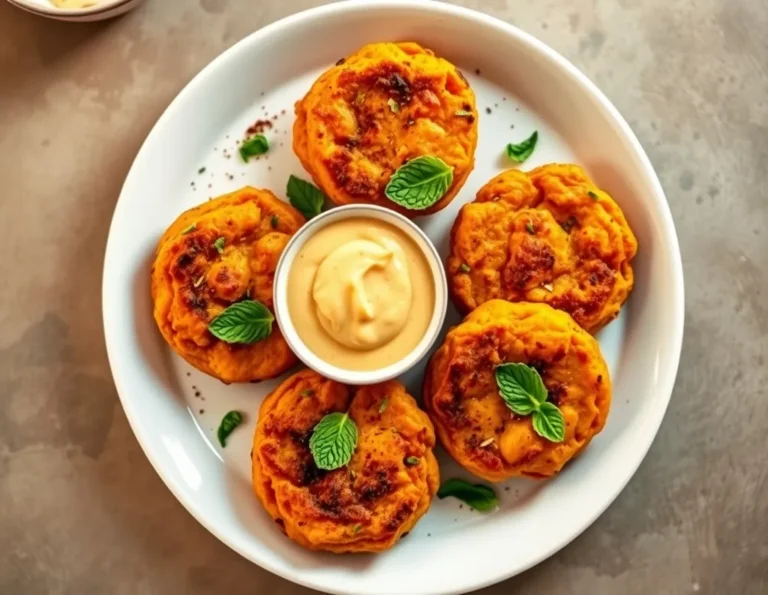 Golden brown sattvic sweet potato tikki with mint chutney and lemon wedges