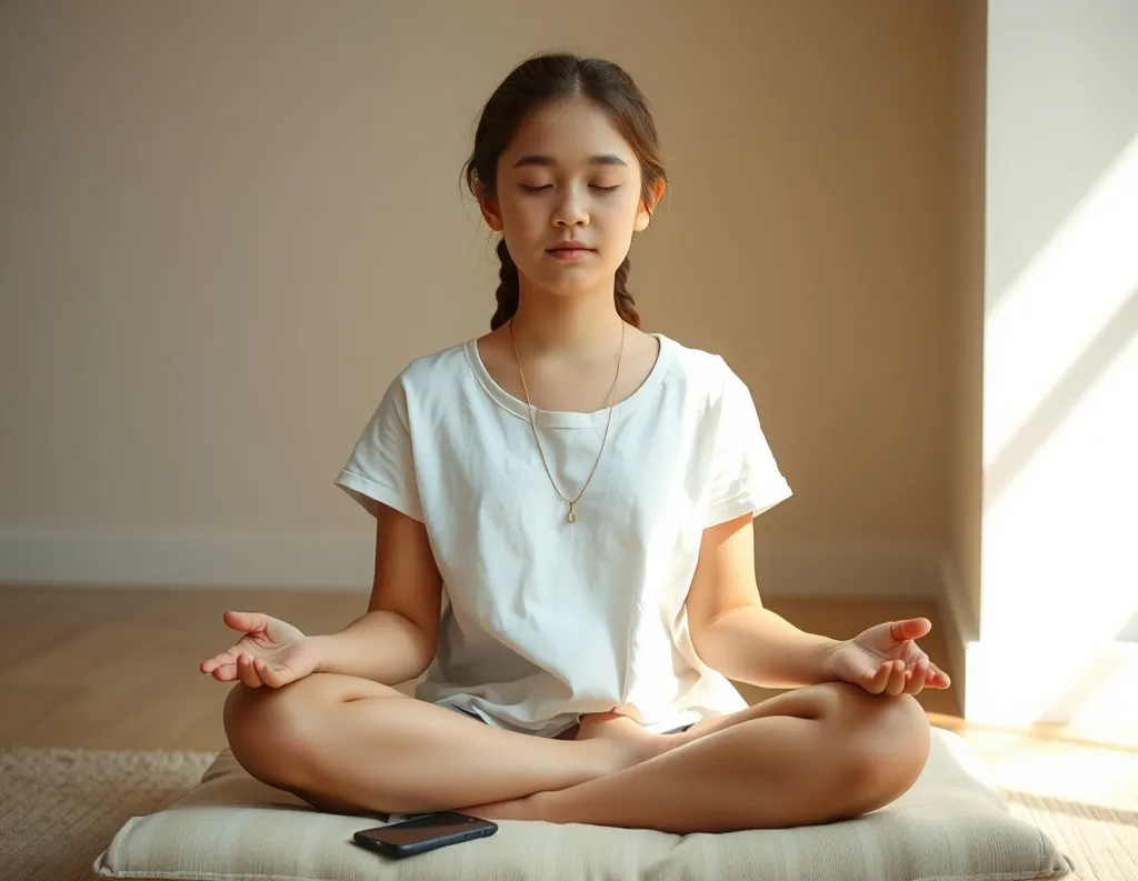 Teen meditating with smartphone tucked away

