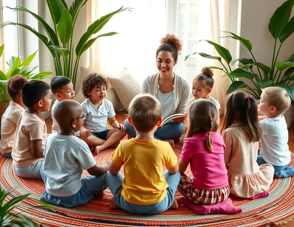 Children learning values in a circle through storytelling as part of value-based education.